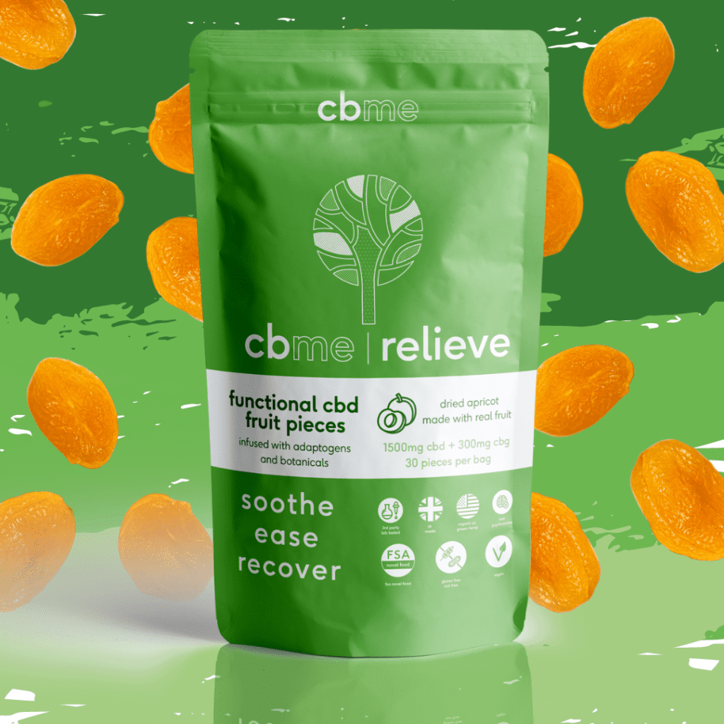 cbme relieve - apricot pieces infused with turmeric root (curcumin) and black pepper. coated in a whole hemp plant blend made with relieving plants